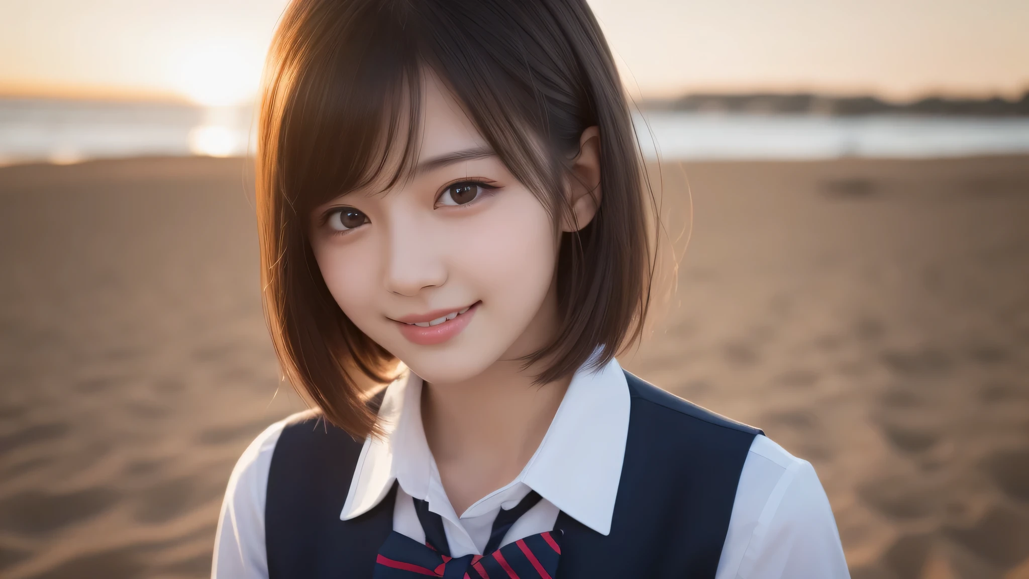 (short bob:1.3). (2girl), enchanting smile, (Best Quality:1.4), Realistic, extremely detailed CG unified 8k wallpaper, highly detailed, High-definition raw color photos, professional photography, Realistic portrait, Cinematic Light, Beautiful detailed, Beautiful breasts, (Fine face:1.2), Close up portrait of girl, (high school uniform:1.2), Outdoors, (beach), sun, day,
