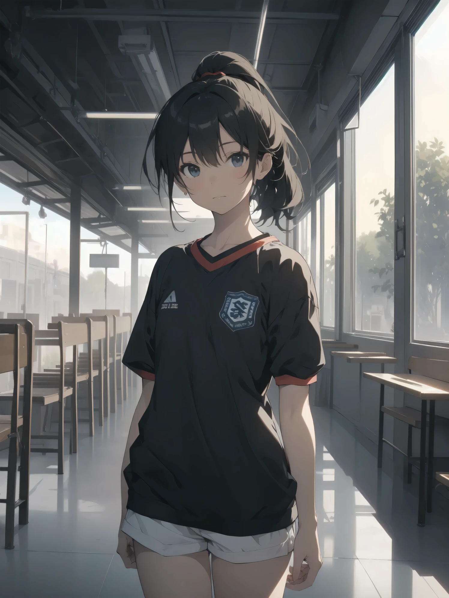 ultra-absurdres-Top quality by artist God, ultra-detailed, high resolution, anime moe artstyle, best anime 8k konachan wallpaper, pixiv contest winner,pool:2810, perfect anatomy,break, 1girl, (Please draw a tomboy walking to home alone. )break,(Solo,little female, -yeld:1.Full limbs, complete fingers, (very short hair), ponytail, flat chest, , small butt, small black eyes, beautiful detailed eyes, well-proportioned iris and pupils, expressive eyes, highres detailed hair, soft expression, school_gym uniform, official_alternate_costume,gym short shorts,(Detailed Lighting), (Detailed background), in the School commute route. break,super detailed skin, Best cinematic lighting powered by famous artist, 8k,beauty illustration,photoshop_(medium),very aesthetic,break,((artist:ido_(teketeke))), artist:bolze ,artist:oyari_ashito ,artist:kantoku ,