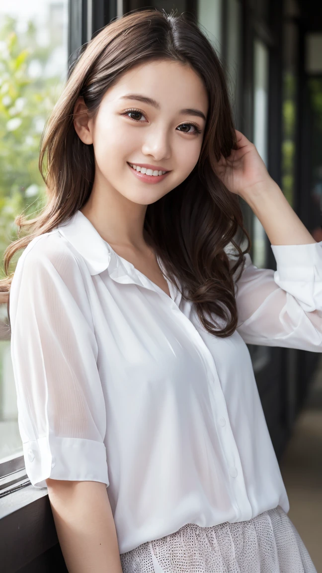 (8k, RAW photo, best quality, masterpiece:1.2), (realistic, photo-realistic:1.37), ultra-detailed, ultra high res,1 girl,looking at viewer,beautiful detailed face,smile,narrow,(slim waist:1.3),shirt, beautiful detailed skin, skin texture, floating hair,professional lighting,