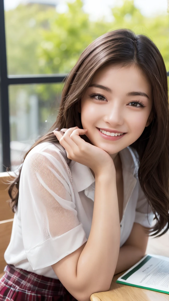 Realistic, masterpiece, highest quality, Highest Resolution, One Japan , , Upper body photo, he女は目を細めた.、Look at me with a shy smile, Laughing with your mouth open, How to draw beautiful and delicate eyes, (Droopy eyes:1.3), Dark Eyes, Thin eyebrows, Draw eyelashes carefully, I can see your teeth, Gal Makeup, (Brown and white wavy hair with white mesh, Long Hair, middle part:1.3), (Hidden eyelid wrinkles:1.3), he'Wearing a neat white button-up shirt.., he女はショートパンツを着ています, gray, Check Pleated Skirt., A was taken from diagonally below., School classroom、Early summer morning、A refreshing college student、Studying by the window、The dazzling greenery outside、he女はリフレッシュ、(Pick up a plastic bottle:1.4)