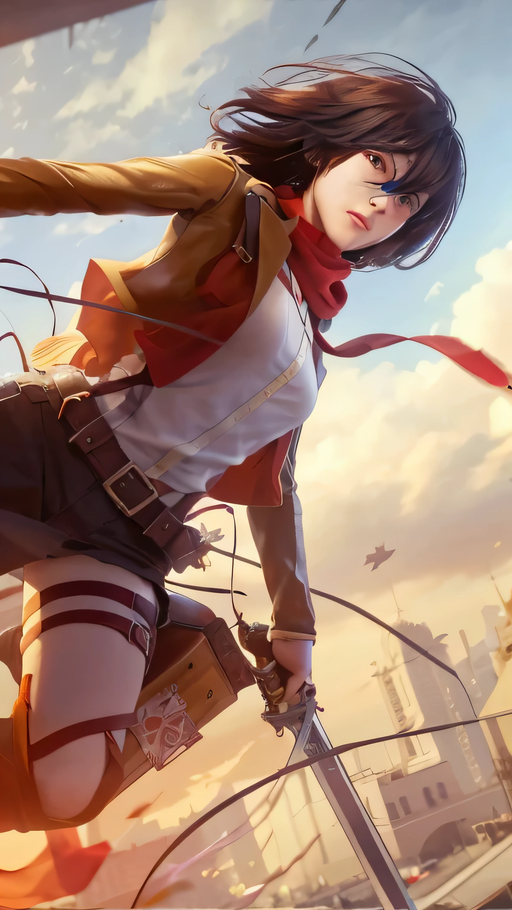 Beautiful girl with sword and red scarf flying over city,