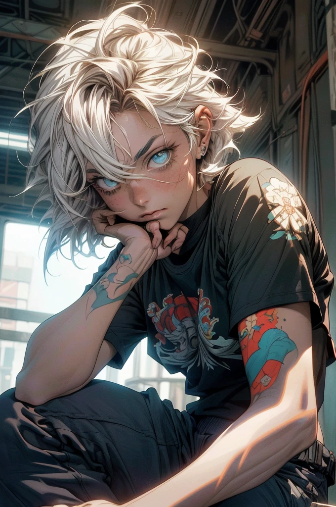 CG K Ultra-realistic ,((de primera calidad、8k、32K、masterpiece、nffsw:1.3)), (superfine illustration)、(super high resolution), (((cuerpo adulto))), (((1 chica en))), ((( bob de pelo corto ))), 25 year old cyberpunk gladiator with perfect body, Hombreras con espinas de metal., Gladiadores in Brooklyn, (( bob de pelo corto )), Camiseta del equipo de rugby rota, Casi desnudo al estilo urbano salvaje de Simon Bisley, pelo rubio corto, Minimal clothing, Metallic protection on the left arm with complex graphics., Rojo oscuro con estrellas blancas y rayas azules y blancas., armadura, Lleno de puntas y remaches., Tatuaje de veneno (((Imagen desde la rodilla hacia arriba))), pelo rubio blanco corto, En el fondo、 There is a wall with an intricate design painted by Shepard Fairey.