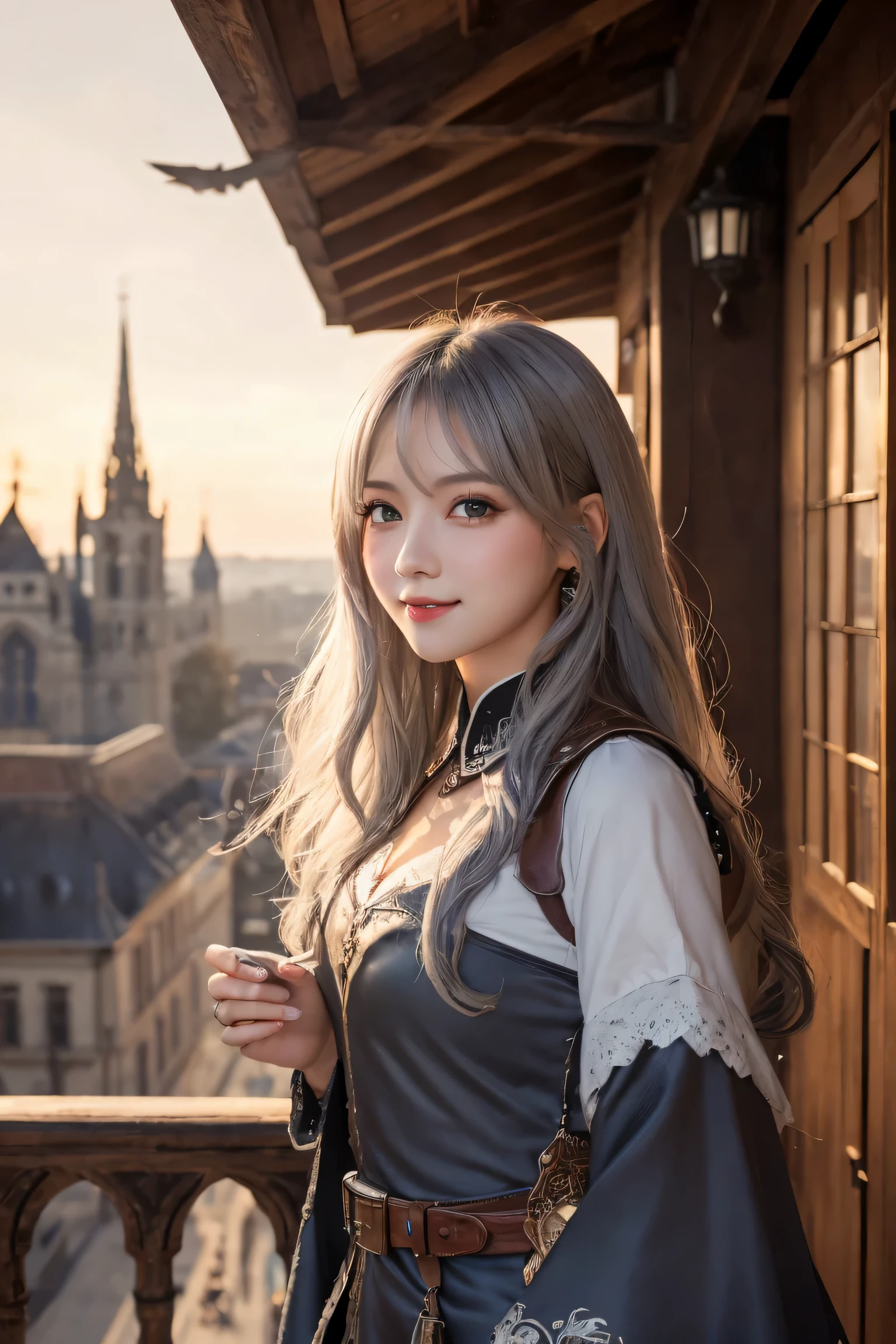 ((masterpiece)), ((best quality)), (ultra-detailed), ((kawaii)), cute, ((lovely)), ((extremely detailed)), 4K, (8K), best quality, (beautiful), illustration, overall bird’s eye view:1.3, (cowboy shot:1.3), dynamic angle, baroque architecture:1.3, cathedral, outside, a cute girl, 1girl, solo, Japanese, (middle-ages fantasy necromancer:1.3), (fantasy necromancer costume), (round face:1.3), (beautiful gray hair:1.3), (long hair:1.3), ((beautiful hair)), tareme:1.5, beautiful blue eyes, ((beautiful eyes)), white teeth, smile, blush