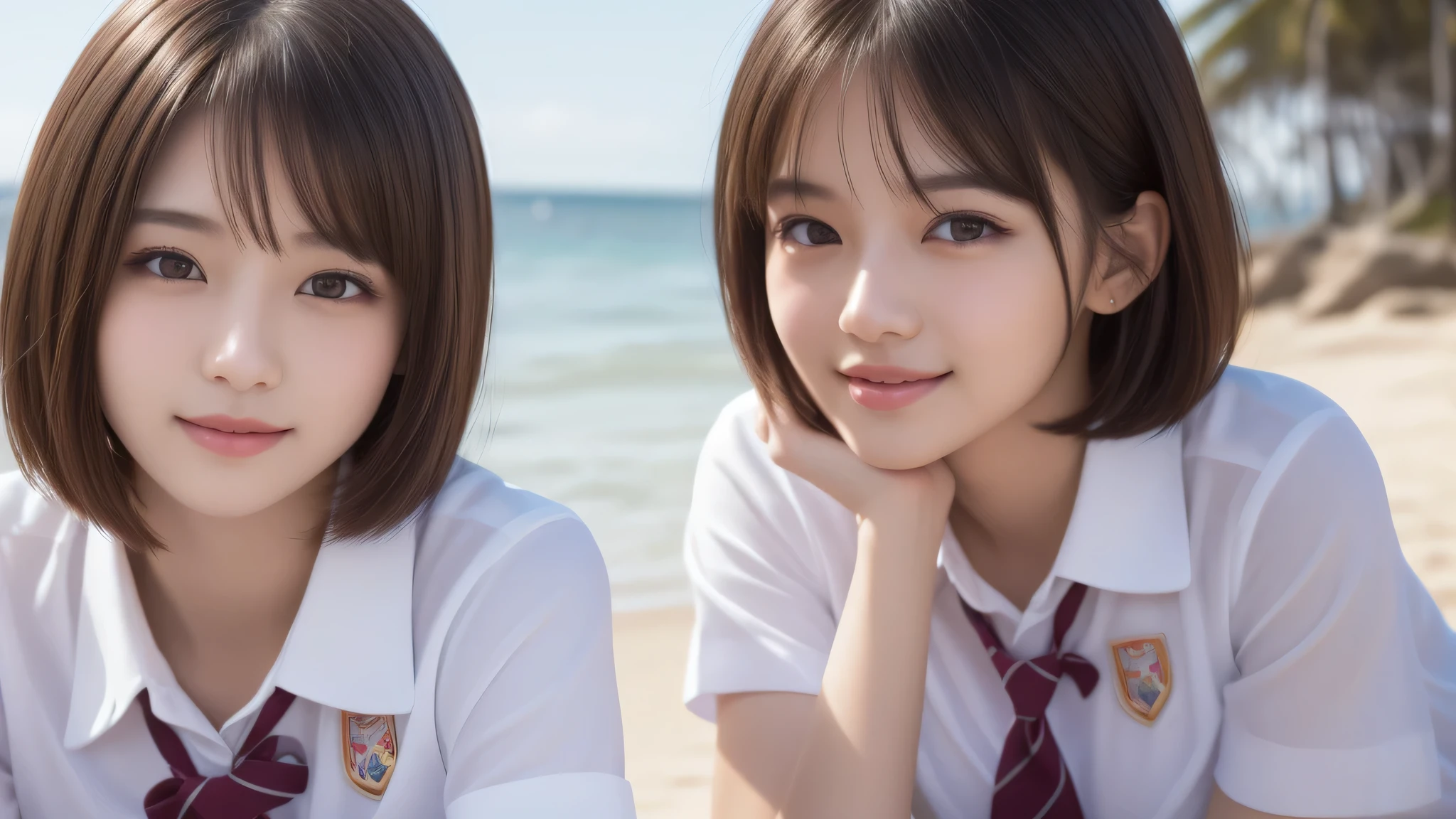 (short bob:1.3). (2girl:1.2), enchanting smile, (Best Quality:1.4), Realistic, extremely detailed CG unified 8k wallpaper, highly detailed, High-definition raw color photos, professional photography, Realistic portrait, Cinematic Light, Beautiful detailed, Beautiful breasts, (Fine face:1.2), Close up portrait of girl, (high school uniform:1.2), Outdoors, (beach), sun, day,
