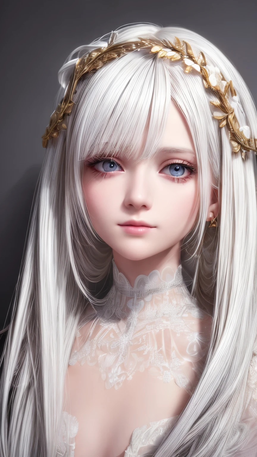 best quality, masterpiece,white hair, gold eyes,white clothes, looking up, upper body,hair strand,Fair skin,side braids, Photorealism, Photography, Realistic Detail, Depth of field, 8k, Full HD, 3d, Super resolution