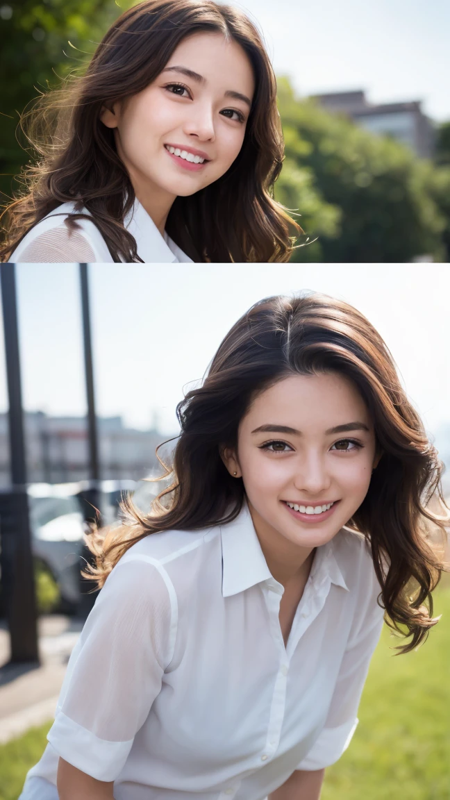 Realistic, masterpiece, highest quality, Highest Resolution, One Japan , 16 years old, Upper body photo, he女は目を細めた.、Look at me with a shy smile, Laughing with your mouth open, How to draw beautiful and delicate eyes, (Droopy eyes:1.3), Dark Eyes, Thin eyebrows, Draw eyelashes carefully, I can see your teeth, Gal Makeup,  (Brown and white wavy hair with white mesh, Long Hair, middle part:1.3), (Hidden eyelid wrinkles:1.3), he&#39;Wearing a neat white button-up shirt.., he女はショートパンツを着ています, gray, Check Pleated Skirt., A was taken from diagonally below., School classroom、Early summer morning、A refreshing college student、after school、Playing frisbee with friends、Active Scene、Everyone is drinking bottled drinks。
