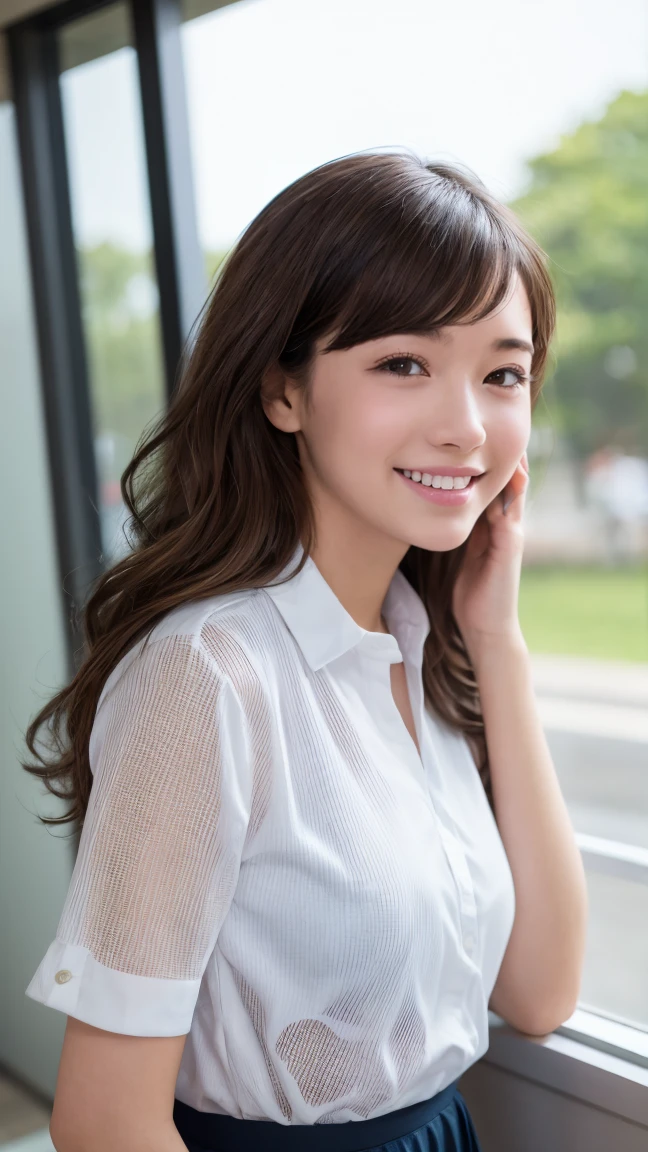 Realistic, masterpiece, highest quality, Highest Resolution, One Japan , , Upper body photo, he女は目を細めた.、Look at me with a shy smile, Laughing with your mouth open, How to draw beautiful and delicate eyes, (Droopy eyes:1.3), Dark Eyes, Thin eyebrows, Draw eyelashes carefully, I can see your teeth, Gal Makeup, (Brown and white wavy hair with white mesh, Long Hair, middle part:1.3), (Hidden eyelid wrinkles:1.3), he'Wearing a neat white button-up shirt.., he女はショートパンツを着ています, gray, Check Pleated Skirt., A was taken from diagonally below., School classroom、Early summer morning、A refreshing college student、after school、Playing frisbee with friends、Active Scene、Everyone is drinking bottled drinks。