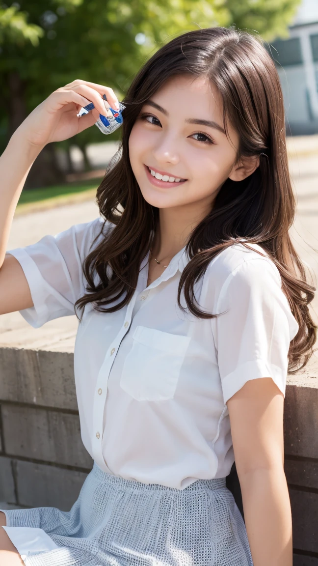 Realistic, masterpiece, highest quality, Highest Resolution, One Japan , 16 years old, Upper body photo, he女は目を細めた.、Look at me with a shy smile, Laughing with your mouth open, How to draw beautiful and delicate eyes, (Droopy eyes:1.3), Dark Eyes, Thin eyebrows, Draw eyelashes carefully, I can see your teeth, Gal Makeup, (Brown and white wavy hair with white mesh, Long Hair, middle part:1.3), (Hidden eyelid wrinkles:1.3), he'Wearing a neat white button-up shirt.., he女はショートパンツを着ています, gray, Check Pleated Skirt., A was taken from diagonally below., School classroom、Early summer morning、A refreshing college student、after school、Playing frisbee with friends、Active Scene、Everyone is drinking bottled drinks。