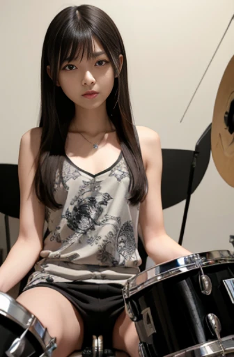 best quality, detailed, beautiful, insanely detailed, absurdres,perfect ???????, Japanese woman,black hair,27 years old, (slender), (small breasts),
Rock live, (Japanese woman playing drums:1.2), excited, frontal shot