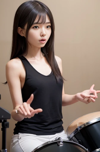 best quality, detailed, beautiful, insanely detailed, absurdres,perfect anatomy, Japanese woman,black hair,27 years old, (slender), (small breasts),
Rock live, (Japanese woman playing drums:1.2), excited, frontal shot