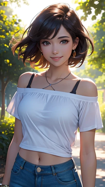 Realistic, One girl, Gray Hair, Purple eyes, Glowing Eyes, Crop top, skirt, Lips parted, blush, night, Flowers, sun, sunlight,Embarrassed