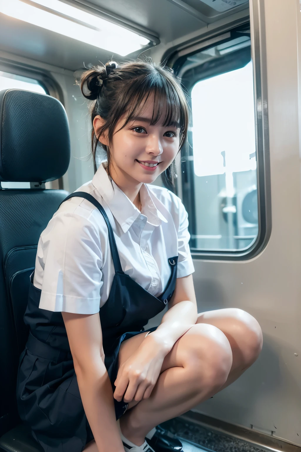 highest quality, masterpiece, Ultra-high resolution, (Reality: 1.4), Original photo, One girl, mature, White JK Uniform, buns hair, short hair, happy smile, , squatting on seat in train, Cinema Lighting