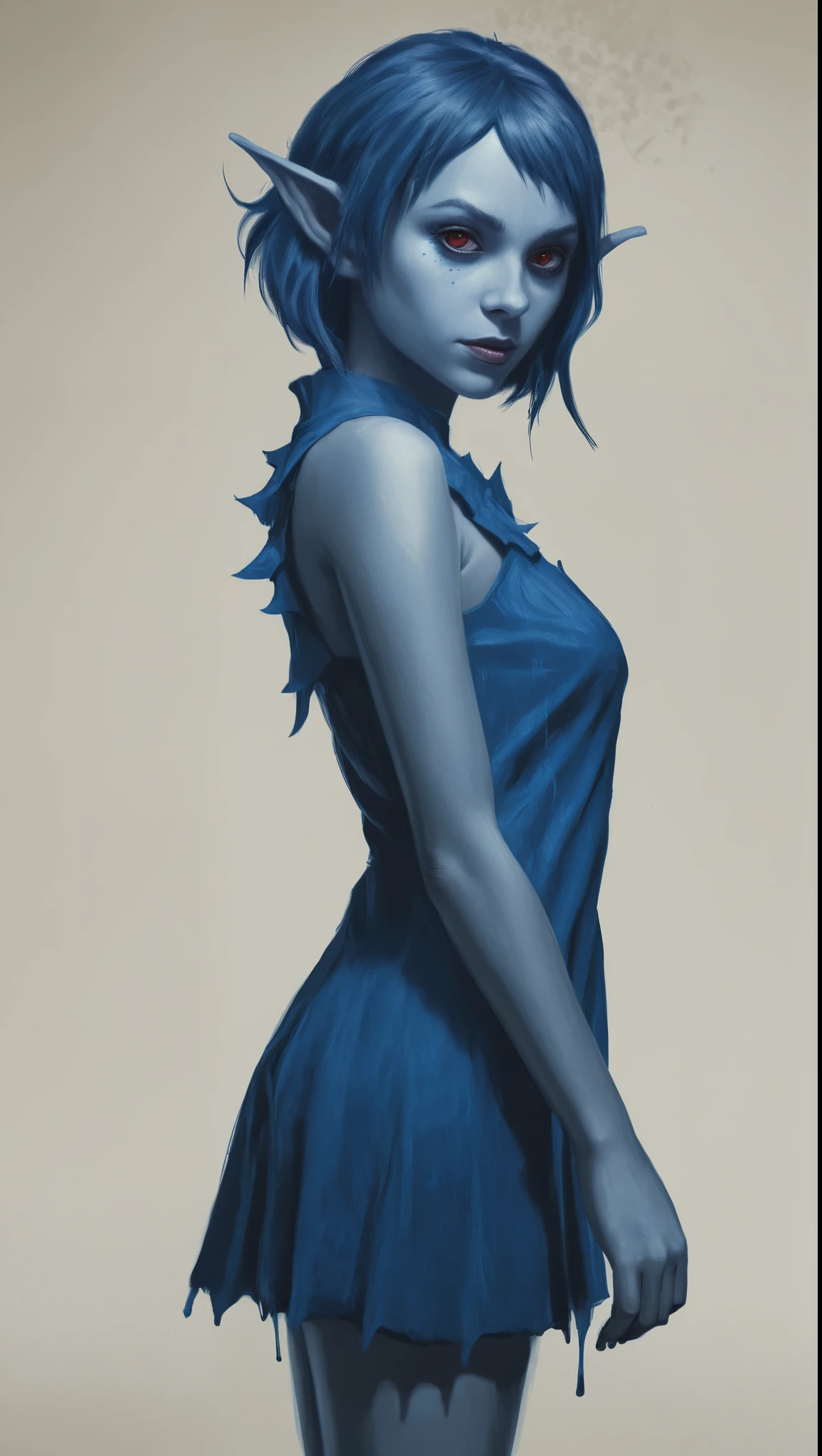 An illustrated movie poster, hand-drawn, full color, a young drow girl, drow elf, wearing a corduroy mini-dress, blue skin, blue complexion, pointy elf ears, ruby eyes, dark hair, shaggy bob, posing like a model, hard shadows, graphite shading, stencil marks, airbrushed acrylic paint, masterpiece, in the style of Rockstar Games
