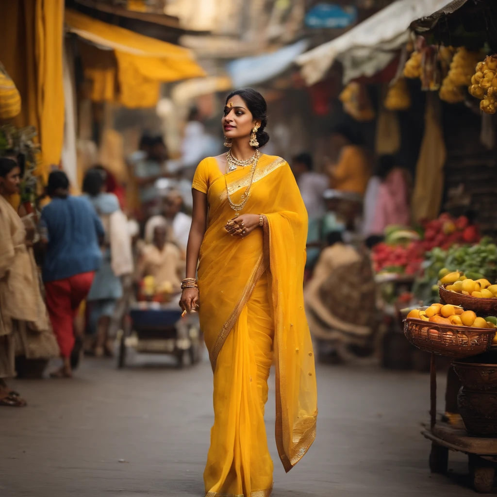 A woman wearing a yellow sari、Walking around the city、Slender、There is a goods、beautiful、Beauty、glossy、fruit、Nice clothes、shopping