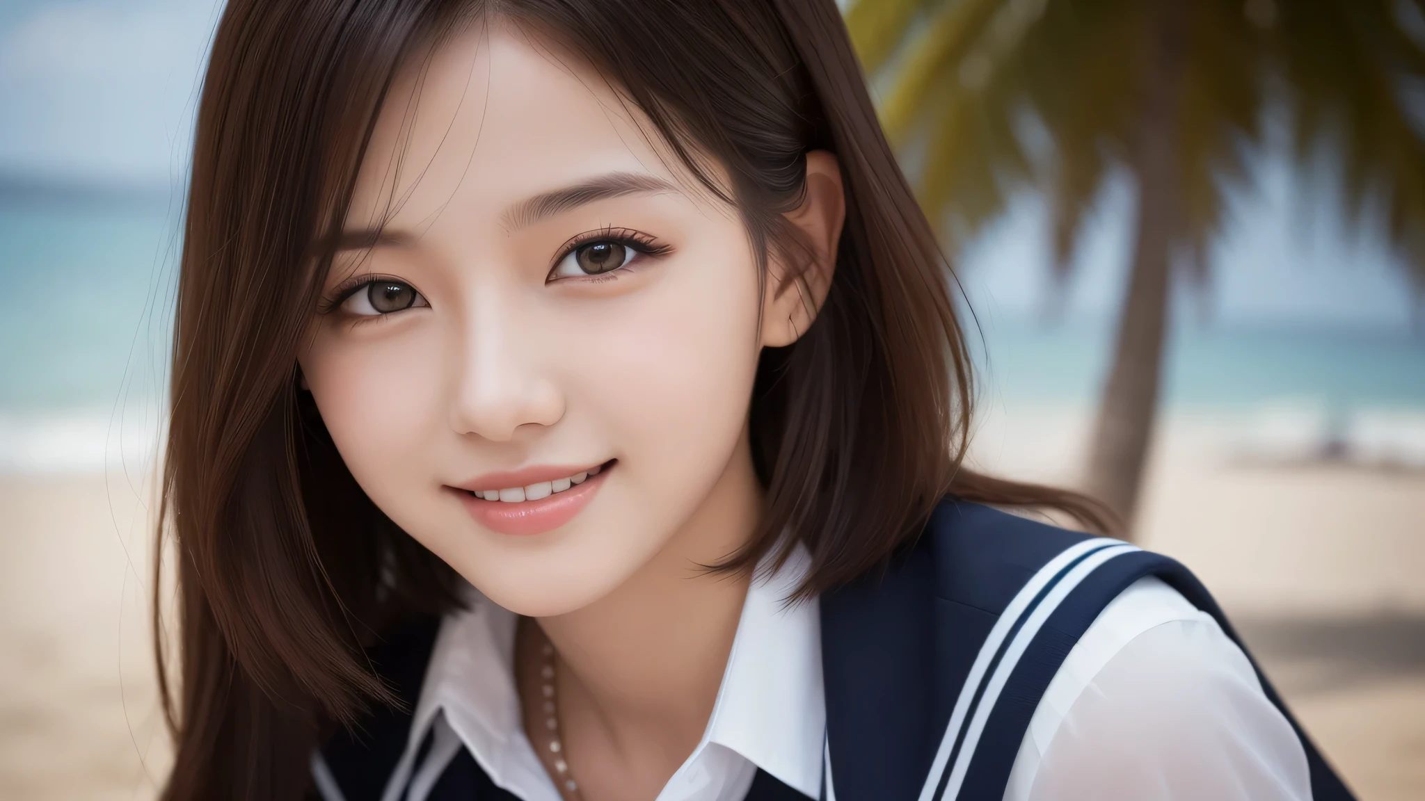 (short bob:1.3). (2girl:1.2), enchanting smile, (Best Quality:1.4), Realistic, extremely detailed CG unified 8k wallpaper, highly detailed, High-definition raw color photos, professional photography, Realistic portrait, Cinematic Light, Beautiful detailed, Beautiful breasts, (Fine face:1.2), Close up portrait of girl, (high school uniform:1.2), Outdoors, (beach), sun, day,