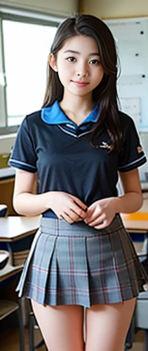 (masterpiece, highest quality:1.2), 8k, Young and beautiful girl, 85mm,Official AR RAW Photos, Baby Face、photo shoot, Cute face, Thighs, Classroom after school, Embarrassing、smile、No makeup, Film Grain, Face Light, Bright lighting, Detailed face, Background blur、((((((13-year-old female junior high school student))))))、Narrow waist、Sailor suit、Dark blue mini skirt、White tiny panties