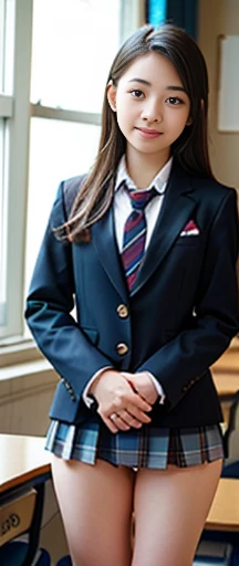 (masterpiece, highest quality:1.2), 8k, Young and beautiful girl, 85mm,Official AR RAW Photos, 、photo shoot, Cute face, Thighs, Classroom after school, Embarrassing、smile、No makeup, Film Grain, Face Light, Bright lighting, Detailed face, Background blur、((((((13-year-o fe junihigh schoolt、Sailor suit、Dark blue mini skirt、White tiny panties