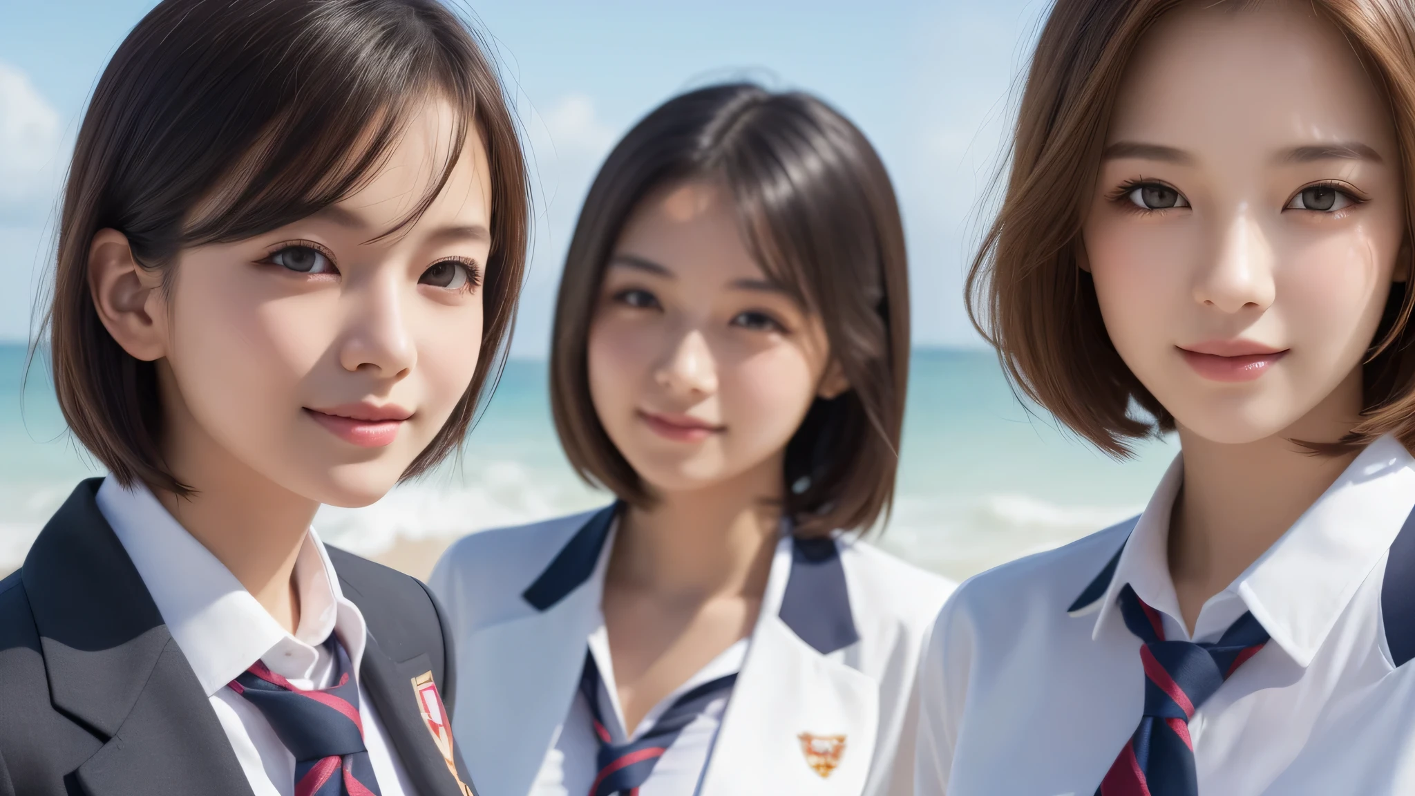 (short bob:1.3). (2girl:1.2), enchanting smile, (Best Quality:1.4), Realistic, extremely detailed CG unified 8k wallpaper, highly detailed, High-definition raw color photos, professional photography, Realistic portrait, Cinematic Light, Beautiful detailed, Beautiful breasts, (Fine face:1.2), Close up portrait of girl, (high school uniform:1.2), Outdoors, (beach), sun, day,