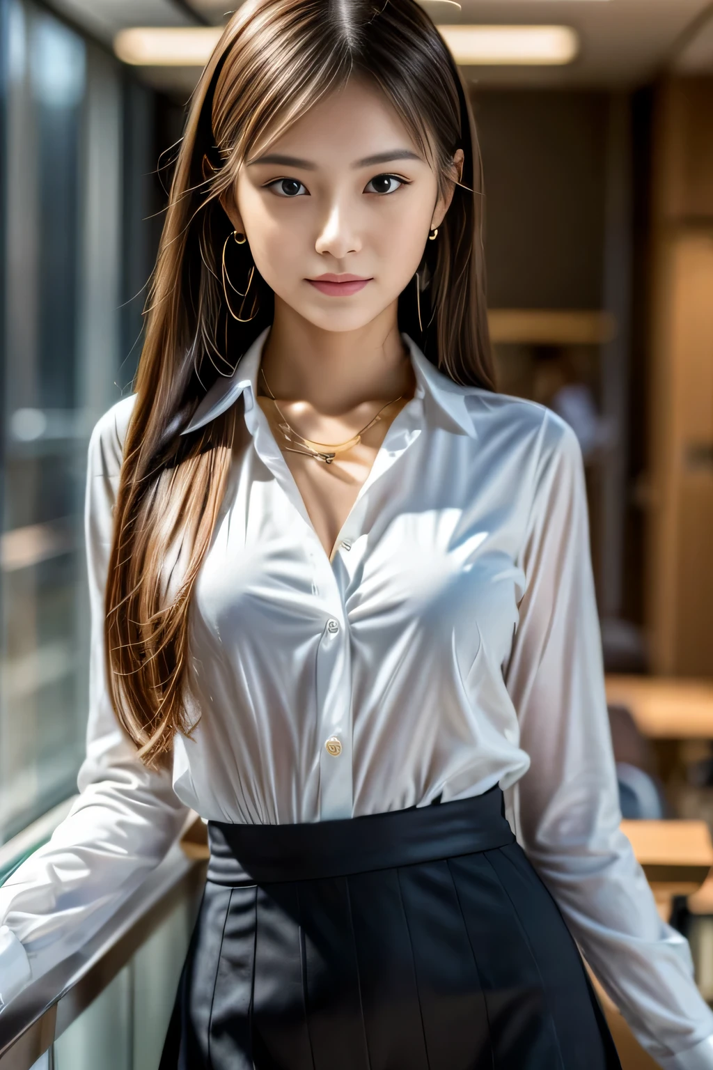 (Masterpiece:1.3), (8K), (Best Quality:1.4), (UHD:1.2), (Photorealistic:1.3), (Raw Photography), (1 girl), (Ultra High Detailed), (Detailed face), very perfect beautiful and cute face, (Detailed hair), medium long straight hair, Beautiful hair, bangs, (symmetrical eyes:1.3), (Detailed eyes), (Detailed skin), Realistic skin, shiny skin, Ultra high definition, (medium breasts), (slim figure), (super model figure), 20yo, Japanese cute girl, 

(wearing a Clerks' uniforms), earrings, necklace, 
In an office in a high-rise building