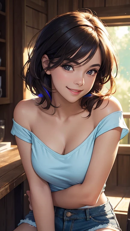 (Best quality,ultra detailed,photorealistic:1.37),bright and rich colors,studio lighting,playful and smiling expression of a beautiful face,stylish makeup, short denim shorts,hair fluttering in the wind,alluring smiling eyes, (((short T-shirt with a deep neckline))), glossy lips,sexy free pose, I smile confidently and seductively,posing for a professional photo shoot,shallow depth of field,highlighting the main subject,soft natural lighting,Creating a dreamy and magical atmosphere.