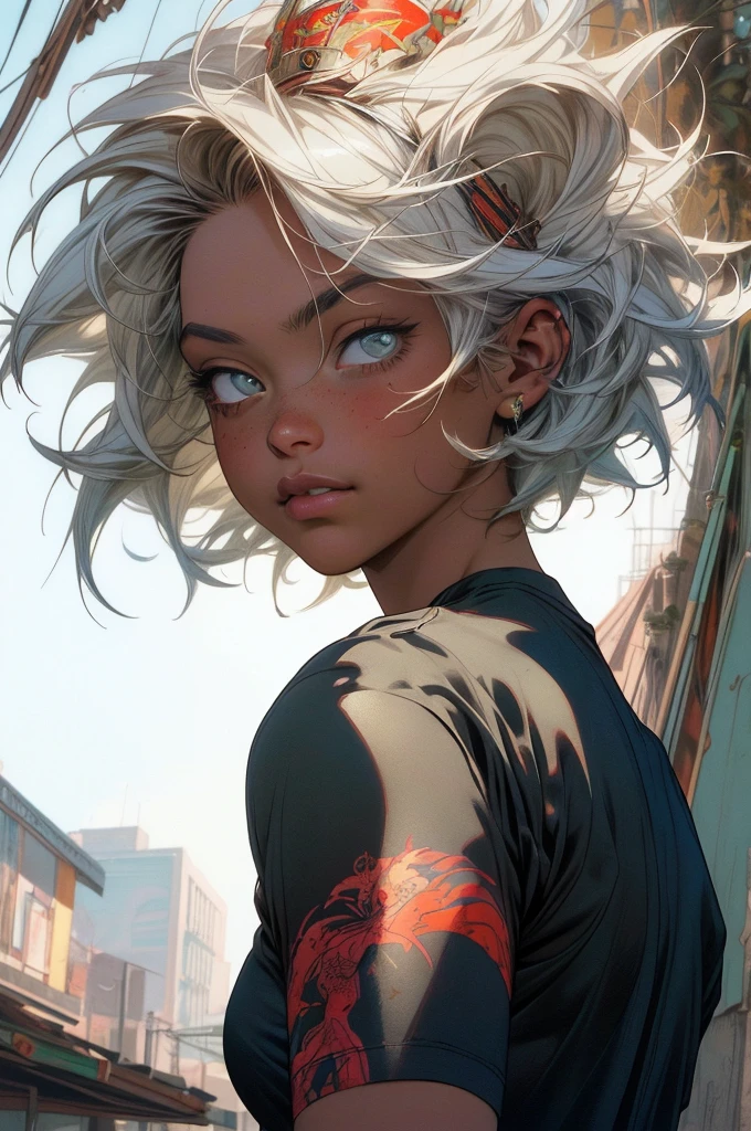 CG K Ultra-realistic ,((de primera calidad、8k、32K、masterpiece、nffsw:1.3)), (superfine illustration)、(super high resolution), (((cuerpo adulto))), (((1 chica en))), ((( bob de pelo corto ))), 25 year old cyberpunk gladiator with perfect body, Hombreras con espinas de metal., Gladiadores in Brooklyn, (( bob de pelo corto )), Camiseta del equipo de rugby rota, Casi desnudo al estilo urbano salvaje de Simon Bisley, pelo rubio corto, Minimal clothing, Metallic protection on the left arm with complex graphics., Rojo oscuro con estrellas blancas y rayas azules y blancas., armadura, Lleno de puntas y remaches., Tatuaje de veneno (((Imagen desde la rodilla hacia arriba))), pelo rubio blanco corto, En el fondo、 There is a wall with an intricate design painted by Shepard Fairey.