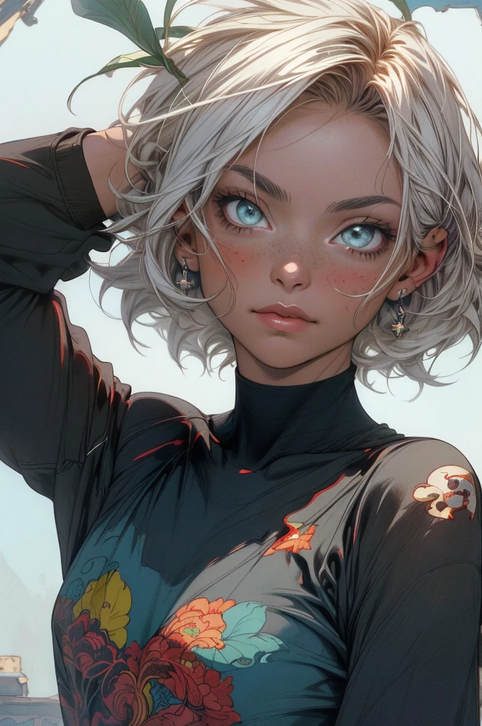 CG K Ultra-realistic ,((de primera calidad、8k、32K、masterpiece、nffsw:1.3)), (superfine illustration)、(super high resolution), (((cuerpo adulto))), (((1 chica en))), ((( bob de pelo corto ))), 25 year old cyberpunk gladiator with perfect body, Hombreras con espinas de metal., Gladiadores in Brooklyn, (( bob de pelo corto )), Camiseta del equipo de rugby rota, Casi desnudo al estilo urbano salvaje de Simon Bisley, pelo rubio corto, Minimal clothing, Metallic protection on the left arm with complex graphics., Rojo oscuro con estrellas blancas y rayas azules y blancas., armadura, Lleno de puntas y remaches., Tatuaje de veneno (((Imagen desde la rodilla hacia arriba))), pelo rubio blanco corto, En el fondo、 There is a wall with an intricate design painted by Shepard Fairey.