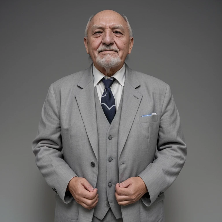Has una imagen de un hombre viejo de traje gris levemente canoso con un paraguas en la mano alado suyo 
