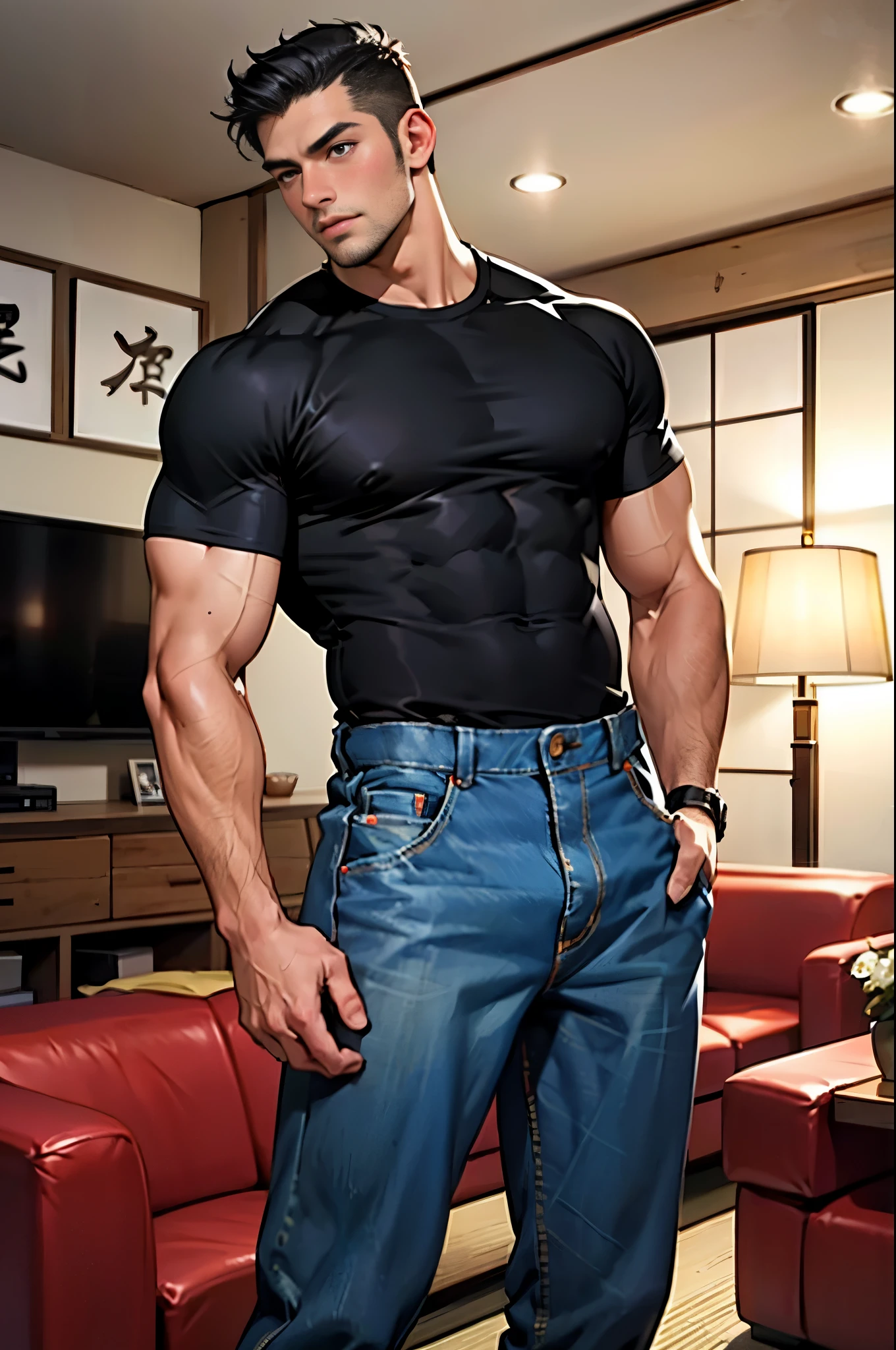 (masterpiece: 1.2),(CGI Art:1.3),(Realistic:1.5),(Post Processing:1.3),(crisp focus:1.3),,1 man, ((Wear a navy blue shirt in one color.)), (Long Jeans) , Short Hair Hair, korea , facial hair, (High shadow detail), Big arm muscles, blood vessel, Big muscles, Wide shoulders, gym, exercise,big penis
