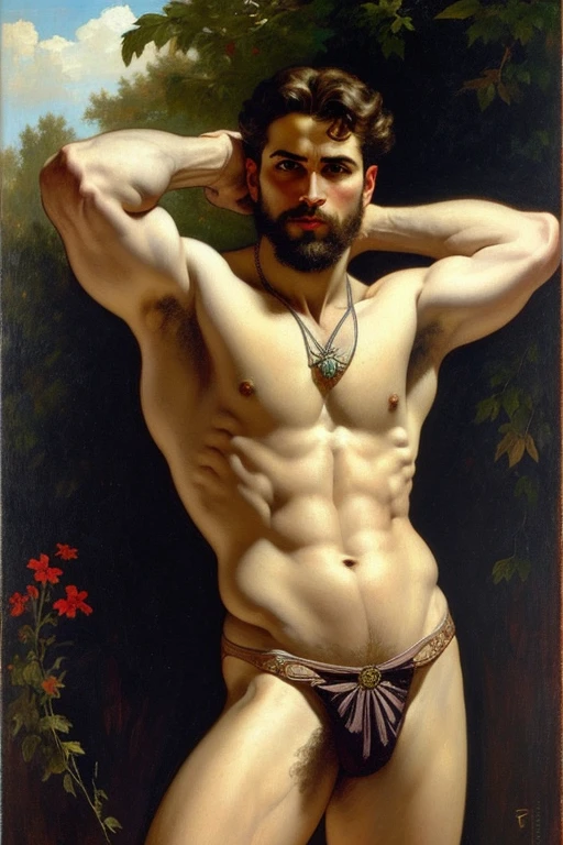 A painted portrait of an Apollo on all fours on the floor prancing showing his butt, Deus da beleza, Deus grego, beleza masculina grega, cabelo loiro, big seductive eyes looking at the camera, big lips, bunda avantajada, homem bonito, jovem, incrivelmente lindo, costas musculosas, pernas musculosas bem torneadas e peludas, fantasia, intrincado, elegante, Altamente detalhado, pintura digital, art station, arte conceitual, macio, sharp focus, illustration, arte de tom of finland, William-Adolphe Bouguereau, Gaston Bussiere, Alphonse Mucha.