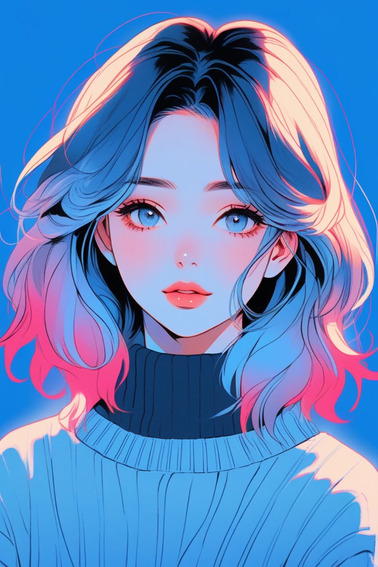 illustrator, anime , realistic ,sketch , 1girl, ,lip, Sweater,order, Blue gradient background, Neon hair,Textured crop, Canadian, (masterpiece,best quality)