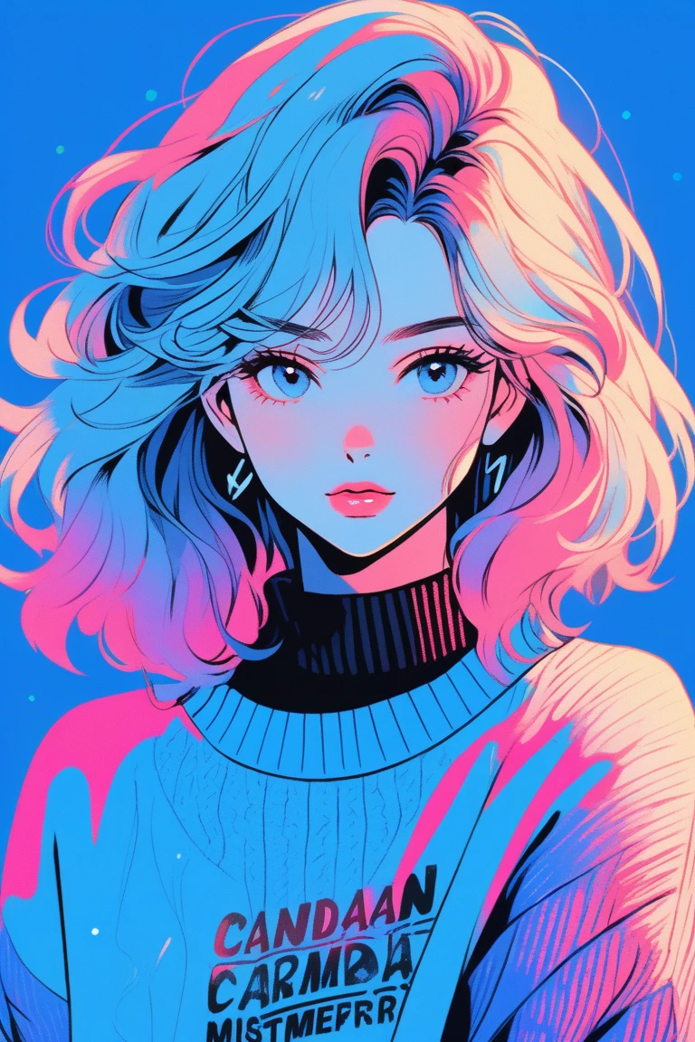 illustrator, anime , realistic ,sketch , 1girl, ,lip, Sweater,order, Blue gradient background, Neon hair,Textured crop, Canadian, (masterpiece,best quality)