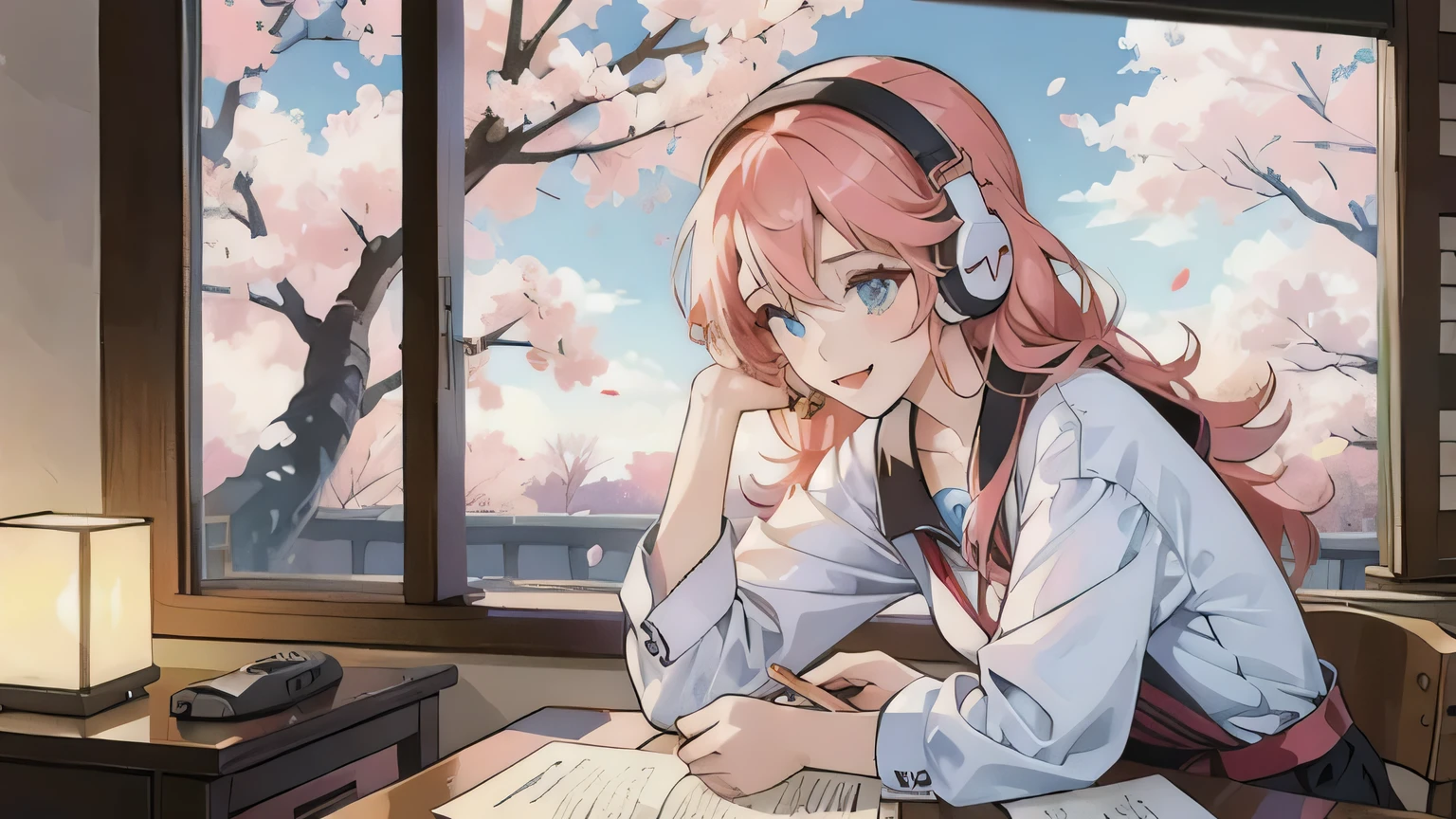 Beautiful girl studying in her room while listening to music with headphones Warm lighting Outside the room, cherry blossoms are blooming Japan anime characters