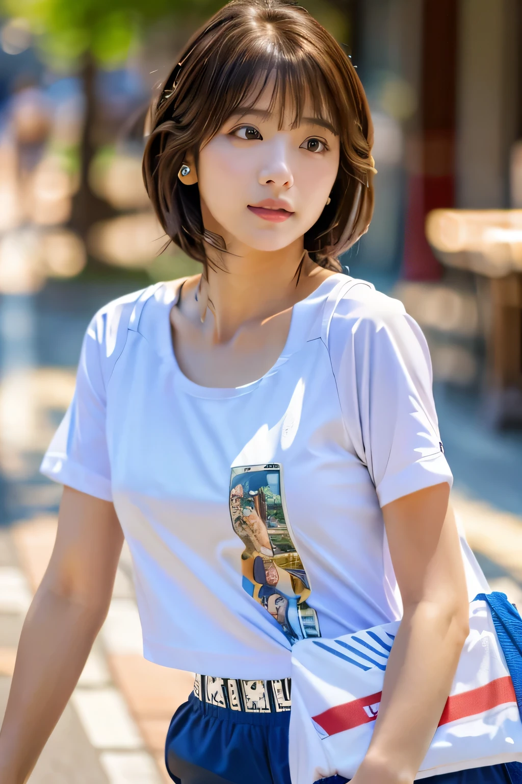 highest quality, Photorealistic, Very detailed, finely, High resolution, 8K Wallpaper, Professional, High level of detail, ((One 18 year old girl:1.2)), Slender Japanese women,cute lips, (Long eyelashes:1.2)、Detailed clavicle, Mid-chest、Perfect Face, (Cute short bob hair:1.5), Chestnut Hair、Cute face、(T-shirt on bare skin:1.5)、(Shorts:1.5)、(White sneakers:1.5)、(Sexy poses in the shopping district:1.2)、perfect body style、((Complete head-to-toe coverage:1.5)、