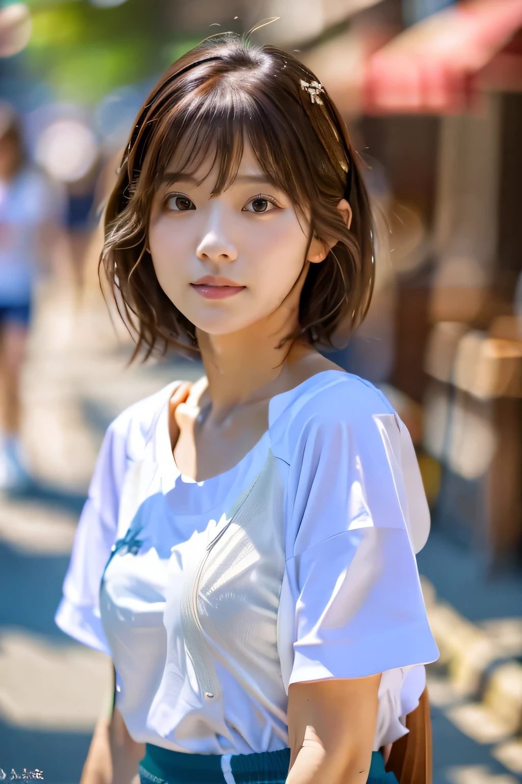 highest quality, Photorealistic, Very detailed, finely, High resolution, 8K Wallpaper, Professional, High level of detail, ((One 18 year old girl:1.2)), Slender Japanese women,cute lips, (Long eyelashes:1.2)、Detailed clavicle, Mid-chest、Perfect Face, (Cute short bob hair:1.5), Chestnut Hair、Cute face、(T-shirt on bare skin:1.5)、(Shorts:1.5)、(White sneakers:1.5)、(Sexy poses in the shopping district:1.2)、perfect body style、((Complete head-to-toe coverage:1.5)、