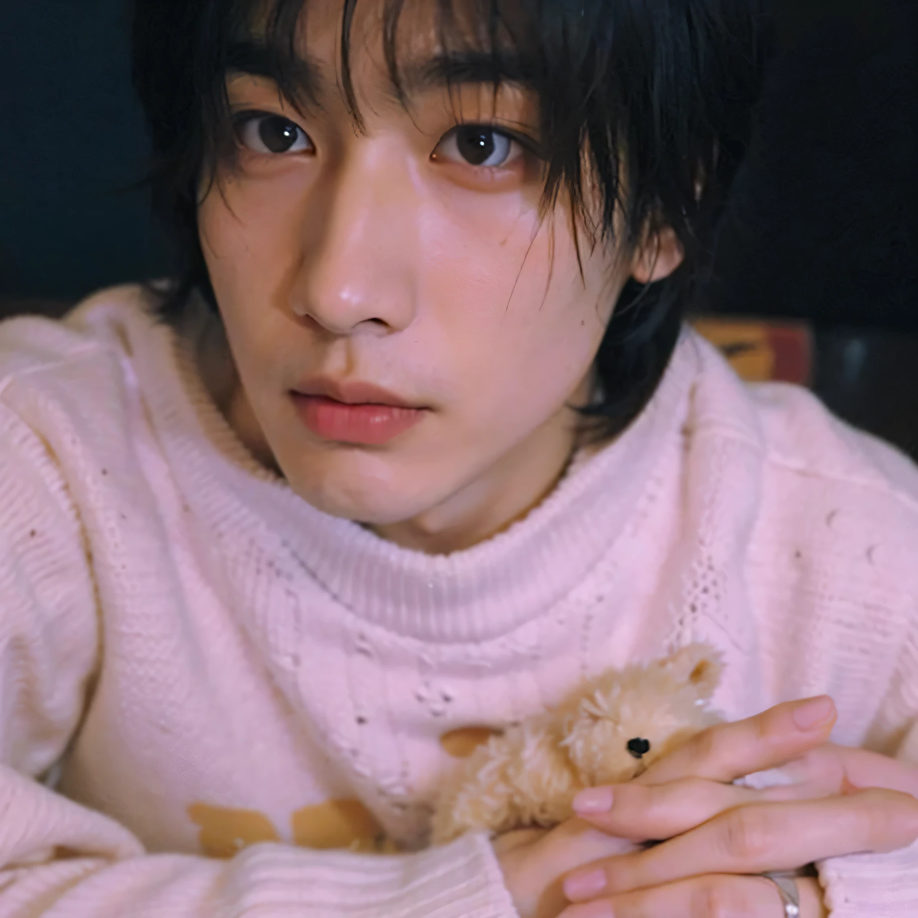 araffed asian man in white sweater sitting at the table with a teddy bear, cai xukun, hsiao-ron, ishida sui with black hair, yuuki hagure, yosuke ueno, ishida sui, !! amano!!, Won Bin Lee, toru furuya, ((tatsuro yamashita))