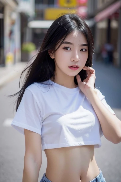 (Best quality:1.4), (ultra high resolution:1.2), (photorealistic:1.4), (8K, raw photo:1.2),(portrait shot:1.3), bmang powder, 1 girl, One, long hair, Black hair, Upper body, White shirt, crop top, navel, 