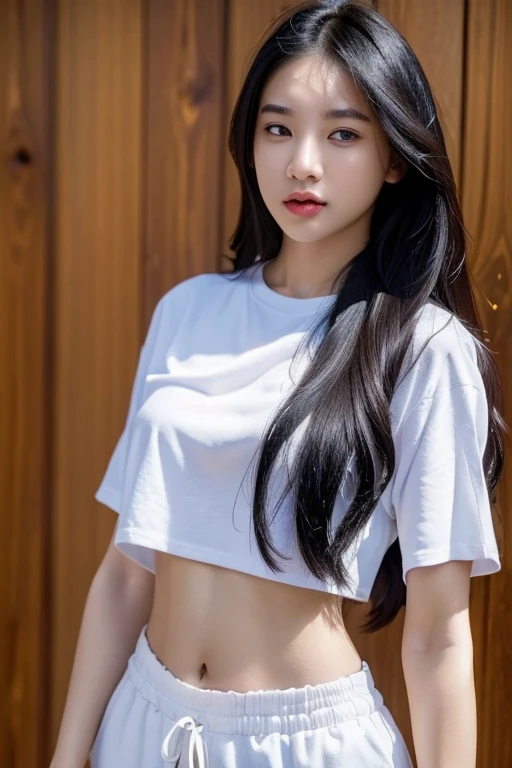 (Best quality:1.4), (ultra high resolution:1.2), (photorealistic:1.4), (8K, raw photo:1.2),(portrait shot:1.3), bmang powder, 1 girl, One, long hair, Black hair, Upper body, White shirt, crop top, navel, 