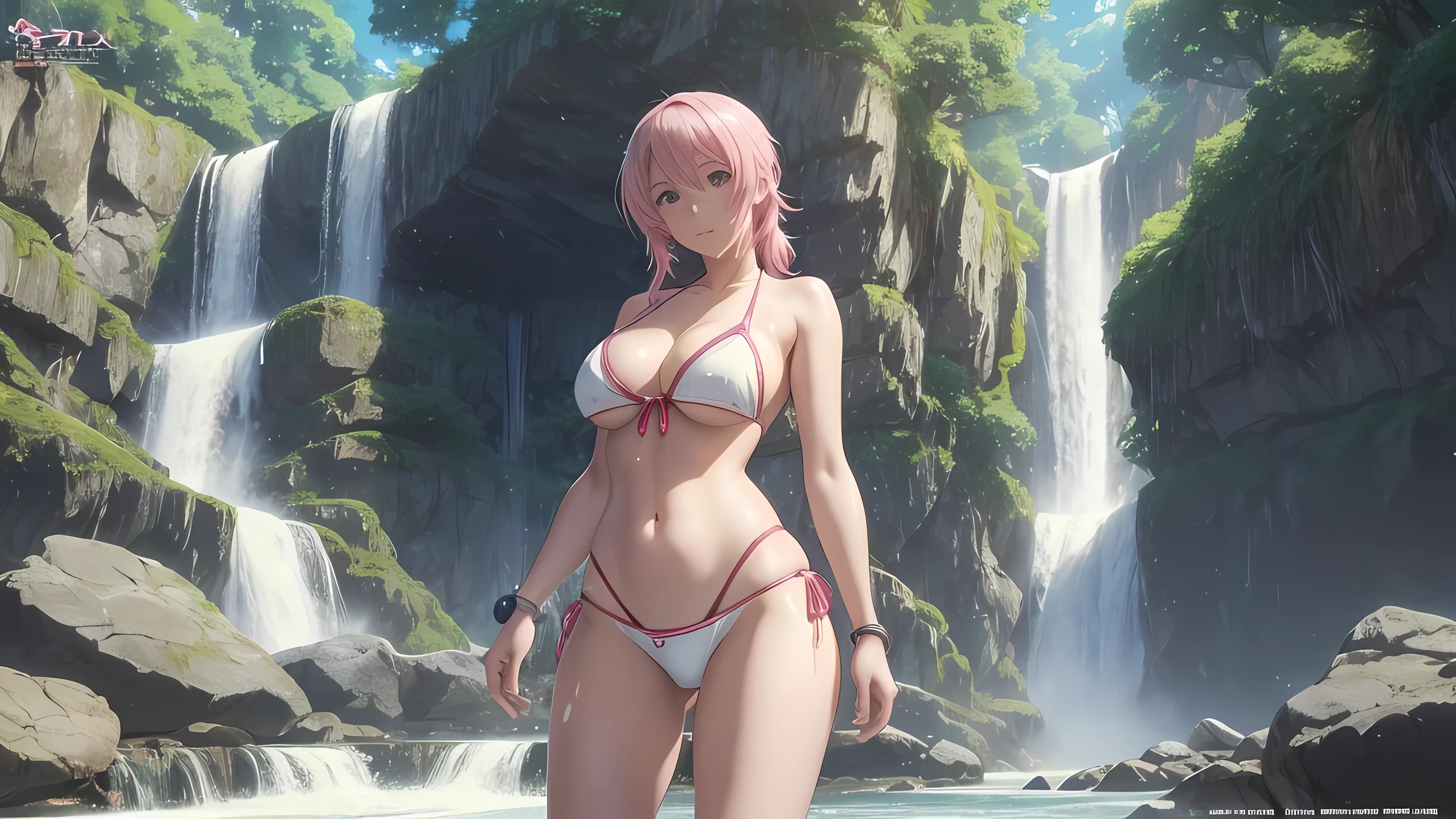 a woman in a bikini standing in front of a waterfall, seductive anime girl, oppai, beautiful alluring anime woman, clean detailed anime art, cushart krenz key art feminine, best anime 4k konachan wallpaper, ross tran. scenic background, haruno sakura, oppai cyberpunk, cutesexyrobutts, biomechanical oppai