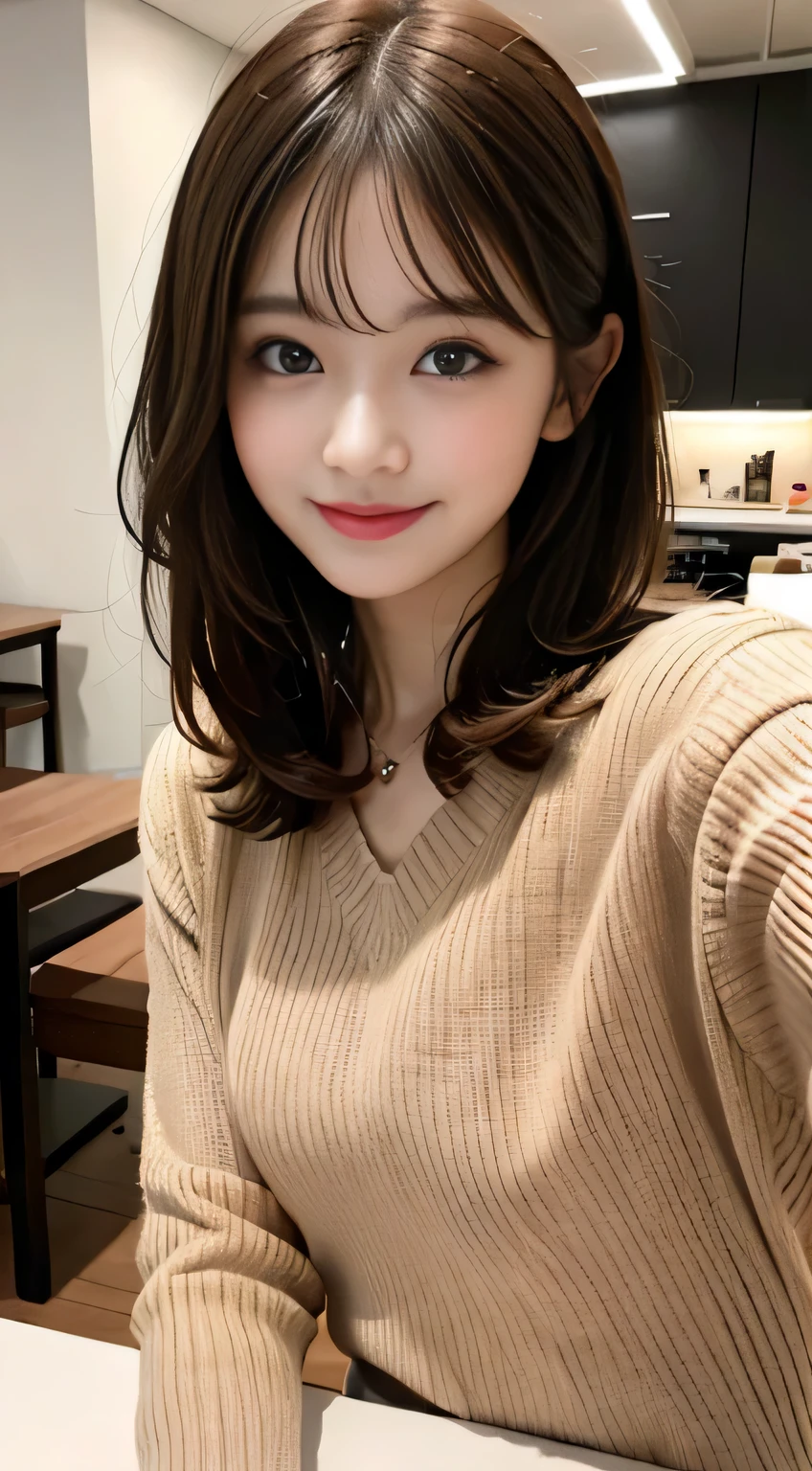 Tabletop, highest quality, figure, Very detailed, In detail, High resolution, 8k wallpaper, Perfect dynamic composition, Beautiful fine details, Winter casual wear,Medium Hair,small breast natural color lip, Bold sexy pose,smile,Harajuku、20-year-old girl、cute、sexy shot looking at camera