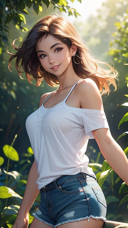 (Best quality,ultra detailed,photorealistic:1.37),bright and rich colors,studio lighting,playful and smiling expression of a beautiful face,stylish makeup, short denim shorts,hair fluttering in the wind,alluring smiling eyes, (((short T-shirt with a deep neckline))), glossy lips,sexy free pose, I smile confidently and seductively,posing for a professional photo shoot,shallow depth of field,highlighting the main subject,soft natural lighting,Creating a dreamy and magical atmosphere.
