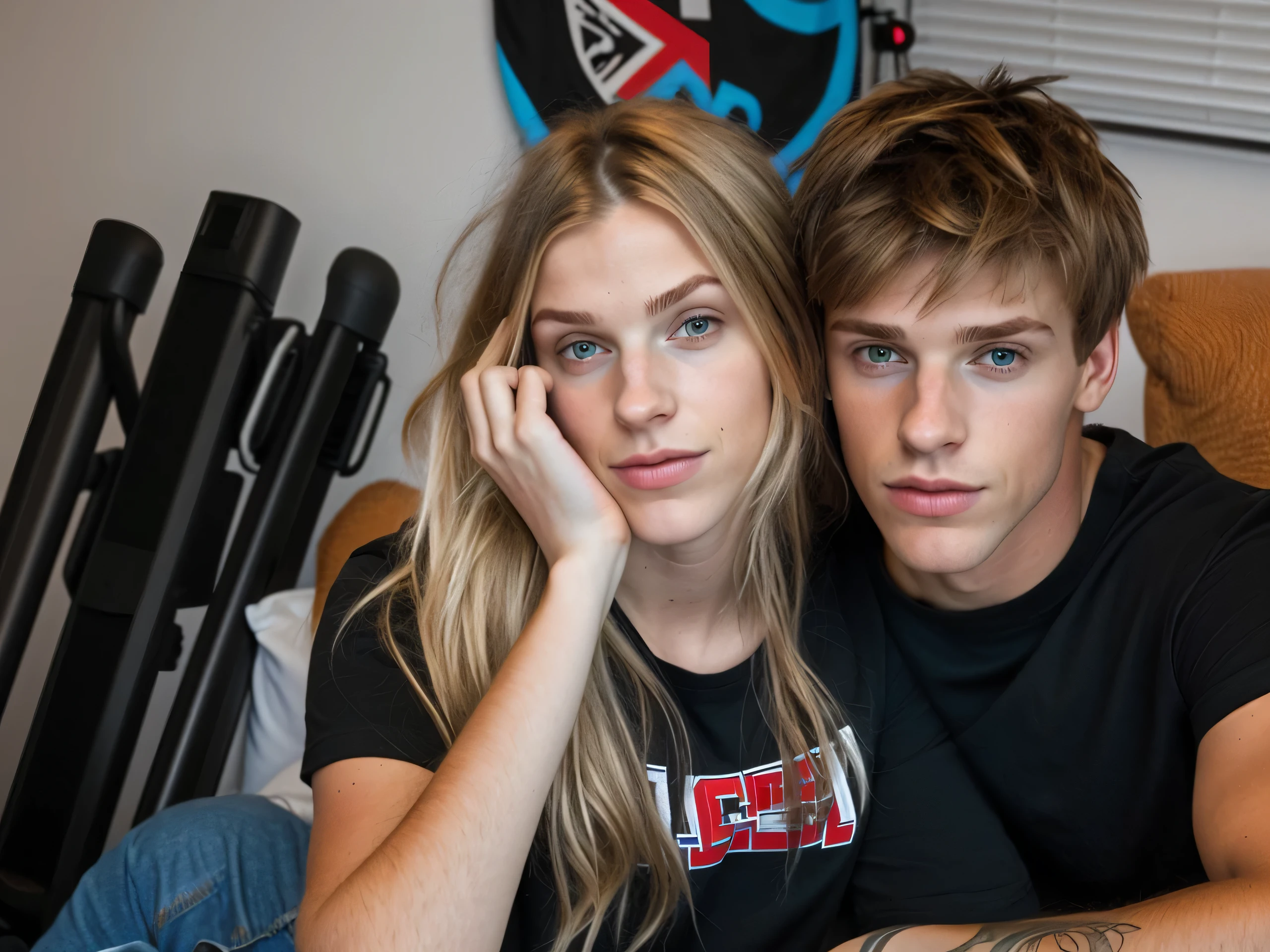 2heads, male-female couple, (one head:1.5 female), (one head:1.5 male), black t-shirt, different genders, (two heads on one body:1.5), conjoined twins, heads side by side, one torso, two arms, two hands, young, photorealistic, uncomfortable,