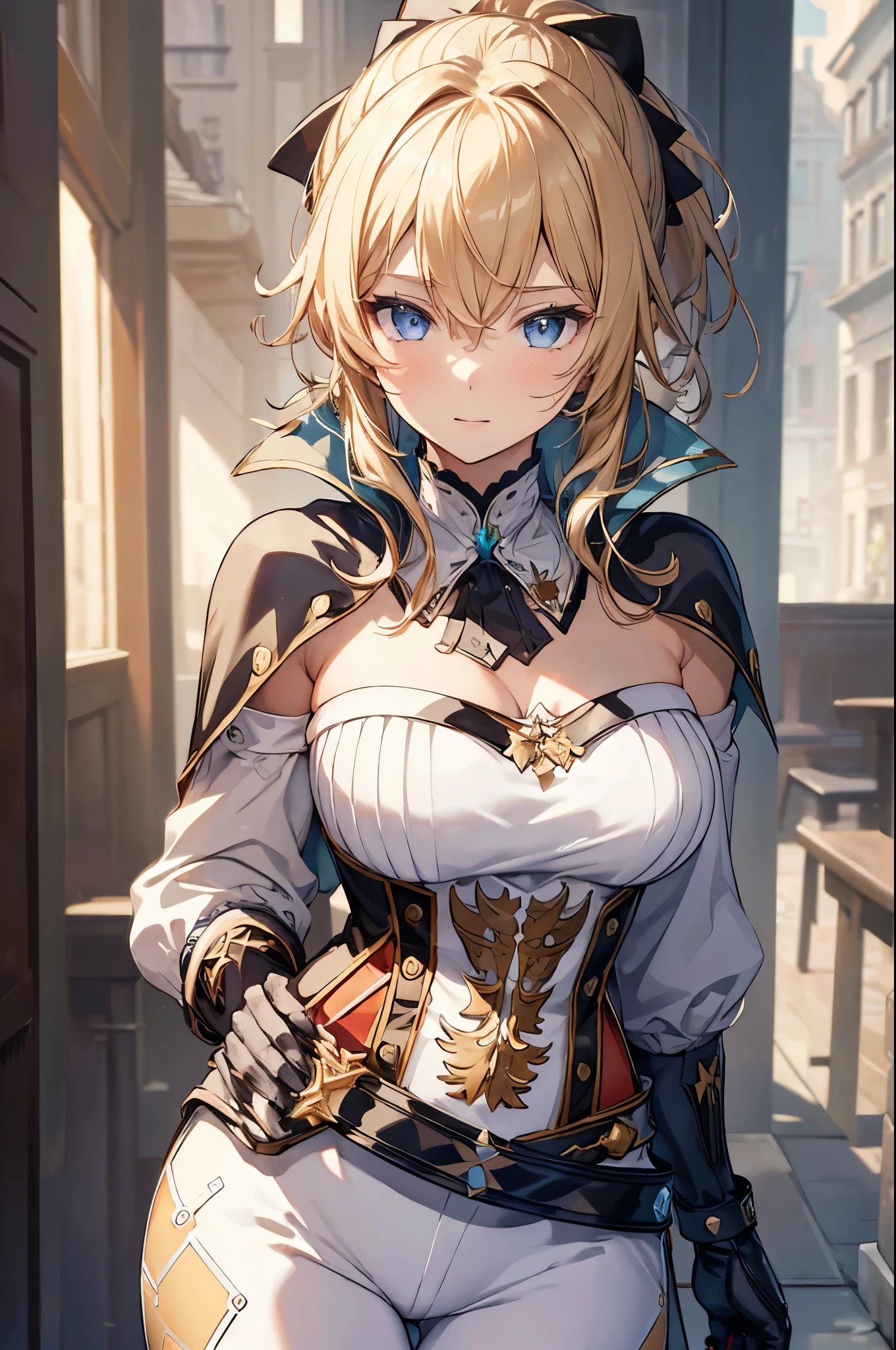 (masterpiece, best quality:1.2), expressive eyes, perfect face, highres, 1girl, solo, jeanfavonian, short hair, blonde hair, city, day, standing, happy, parted lips, hands on hip, upper body, looking at the viewer