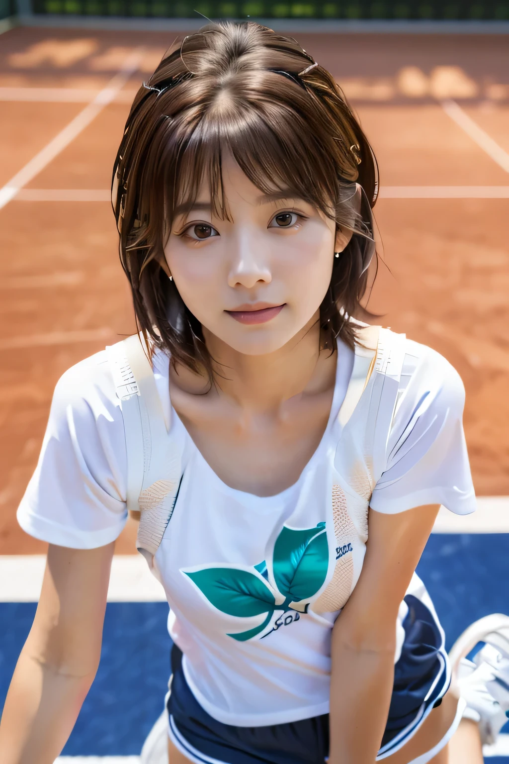 highest quality, Photorealistic, Very detailed, finely, High resolution, 8K Wallpaper, Professional, High level of detail, ((One 18 year old girl:1.2)), Slender Japanese women,cute lips, (Long eyelashes:1.2)、Detailed clavicle, Mid-chest、Perfect Face, (Cute short bob hair:1.5), Chestnut Hair、Cute face、(T-shirt on bare skin:1.5)、(Shorts:1.5)、(White sneakers:1.5)、(Sexy pose on the tennis court:1.2)、perfect body style、((Complete head-to-toe coverage:1.5)、