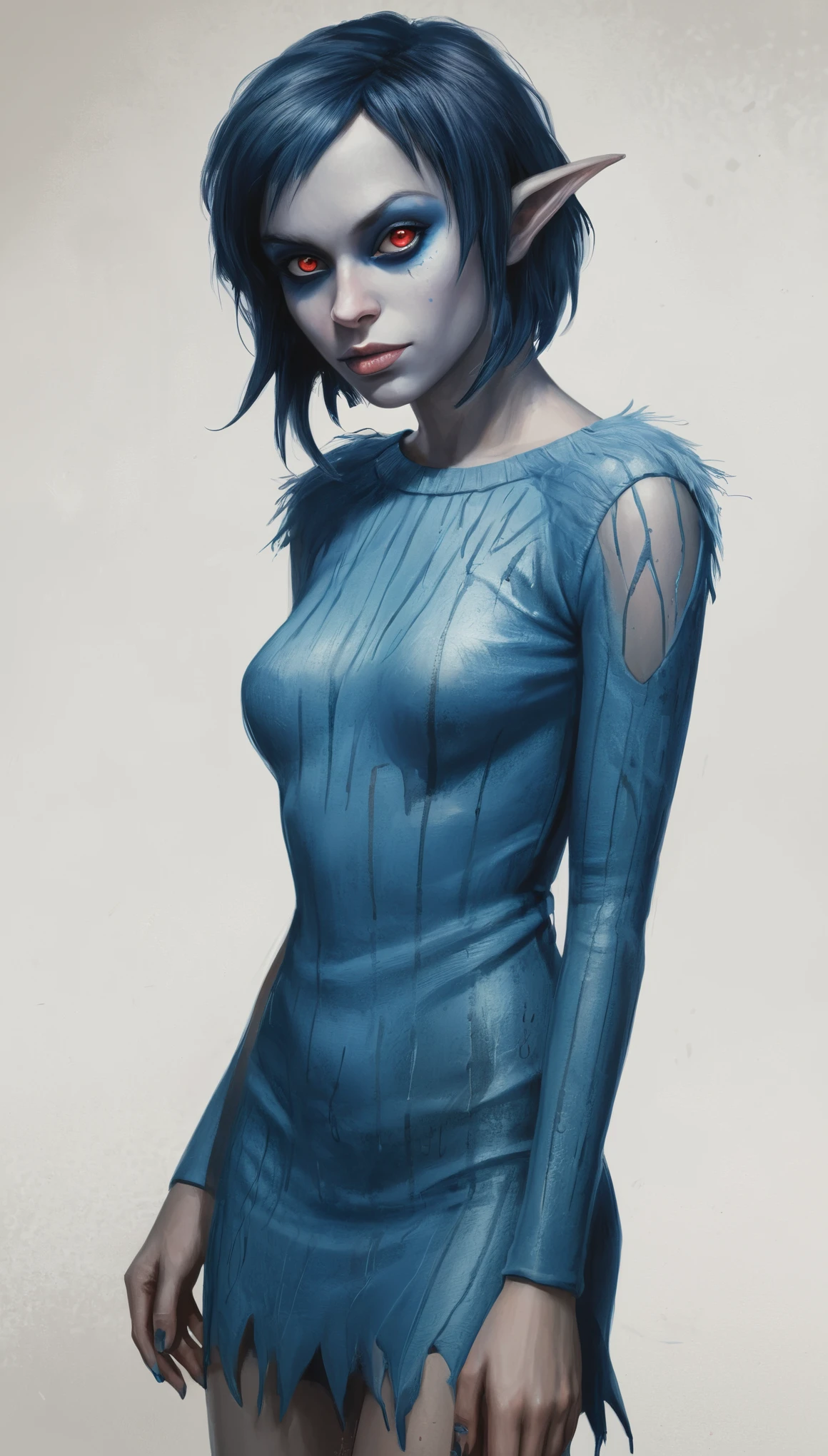 An illustrated movie poster, hand-drawn, full color, a young drow woman, drow elf, wearing a rib-knit mini-dress, blue skin, blue complexion, pointy elf ears, ruby eyes, dark hair, shaggy bob, posing like a model, hard shadows, graphite shading, stencil marks, airbrushed acrylic paint, masterpiece, in the style of Rockstar Games