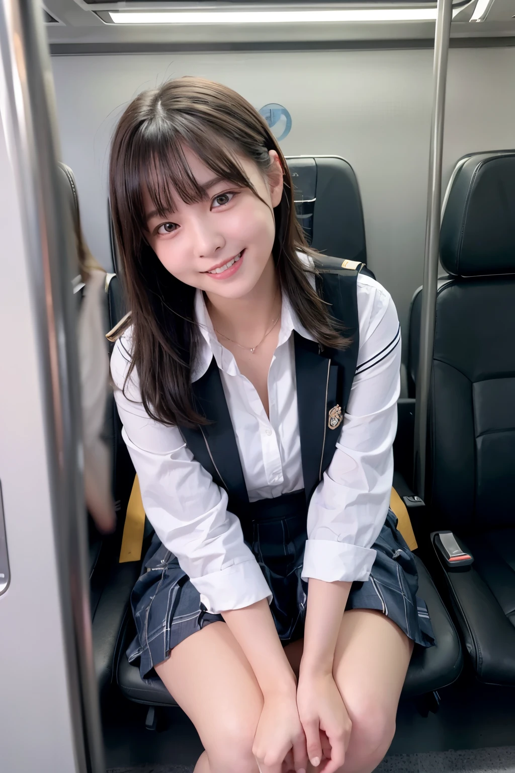 highest quality, masterpiece, Ultra-high resolution, (Reality: 1.4), Original photo, One girl, mature, White JK Uniform, happy smile, large chest , squatting on seat in train,  Cinema Lighting