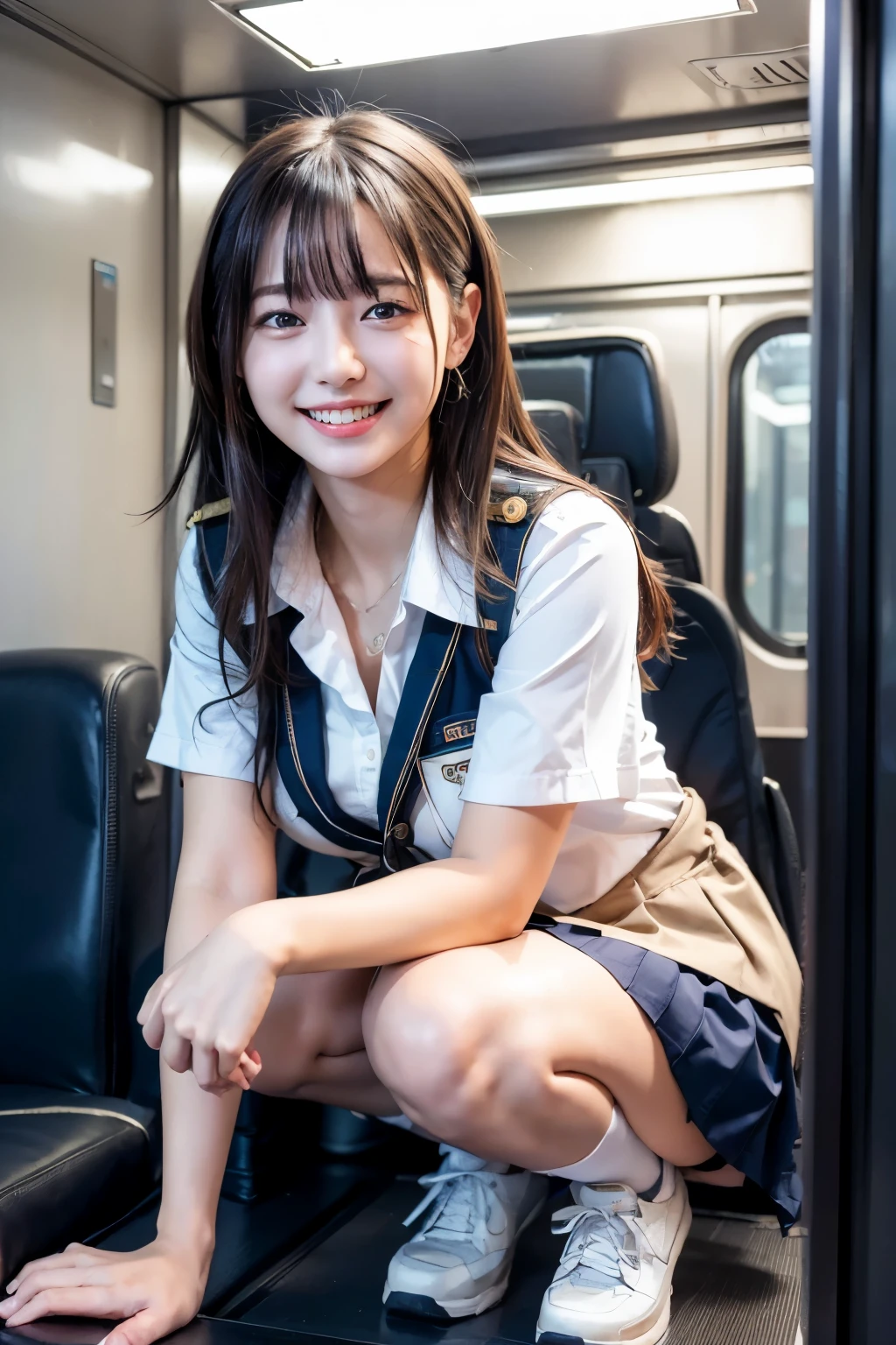 highest quality, masterpiece, Ultra-high resolution, (Reality: 1.4), Original photo, One girl, mature, White JK Uniform, happy smile, large chest , squatting on seat in train,  Cinema Lighting