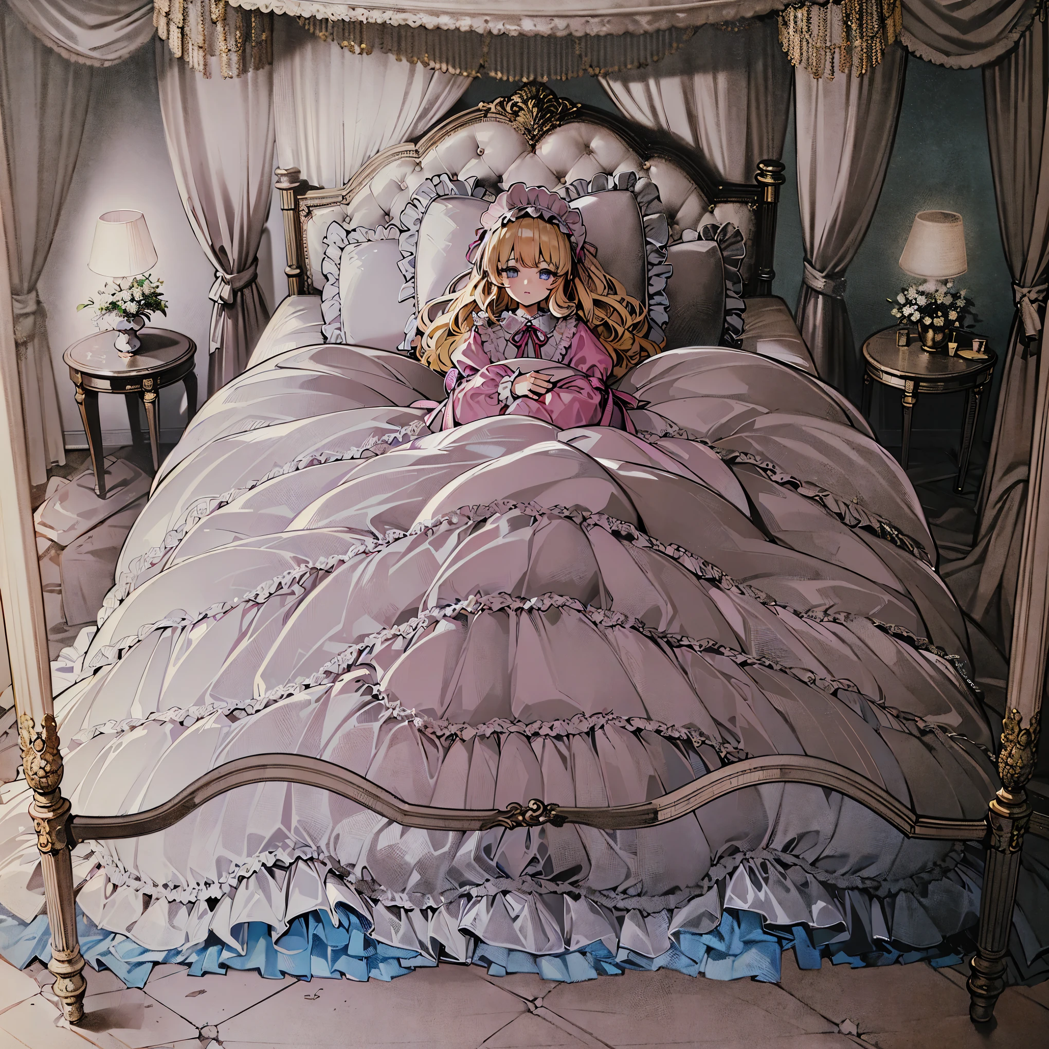 ,highest quality, masterpiece, Highest Resolution, artwork, super それにGet used to it, many Get used to it, Get used to it, それにGet used to it, 3K anime illustrations,(( 10 year old girl)),Super detailed baby face,high quality small face,long blonde hair that grows to the waist,blue eyes,白い肌のEuropean,pajamas, European,(((Super long blonde hair))),Curly Hair,blue eyes,((((ピンクのロリータファッションのLong skirtのワンピースドレス)))),((Pink dress with lots of frills and ribbons)),((A gorgeous headdress with frills and ribbons)),Detailed headdress,,(((Large yoke collar))),Yoke collar with ruffles and bow,((((Long sleeve)))),Ruffle sleeves,((((Long skirt)))),White ruffle and lace socks,Large frill and ribbon pillow,(((Nice pink outfit))),豪華なCanopy bedの上,Canopy bed,The bed is surrounded by luxurious curtains.,There were a lot of frilly pillows on the bed.,There are a lot of frilly pillows behind the girl.,Highly detailed background,Detailed bed,Soft pink comforter,Very fine soft frilly pillow,Beautiful girl illustration,Beautiful face in every detail,Thinning hair,Detailed eyes ,Detailed eyess,Mouth details, Arm details,Beautiful Hands,Detailed pillow,Large bed,Illustration on the bed, ,((((Round futon)))),((((A large frilly futon that covers the entire bed)))),Detailed comforter,Detailed bedシーツ,Before bedtime,Romantic atmosphere,Palace Bedroom,((((The lower half of her body is hidden under the duvet and her puffy skirt......)))) The girl is leaning against a pile of pillows, ,((((Round futon)))),((((A large frilly futon that covers the entire bed)))),((((No shoes)))),