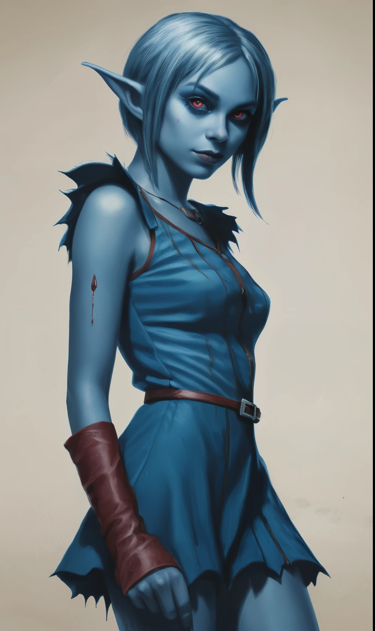 An illustrated movie poster, hand-drawn, full color, a young drow girl, drow elf, wearing a corduroy mini-dress, blue skin, blue complexion, pointy elf ears, ruby eyes, dark hair, shaggy bob, posing like a model, hard shadows, graphite shading, stencil marks, airbrushed acrylic paint, masterpiece, in the style of Rockstar Games
