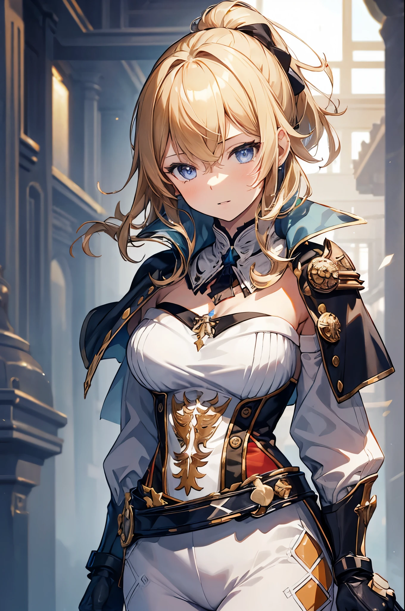 (masterpiece, best quality:1.2), expressive eyes, perfect face, highres, 1girl, solo, jeanfavonian, short hair, blonde hair, city, day, standing, happy, parted lips, hands on hip, upper body, looking at the viewer