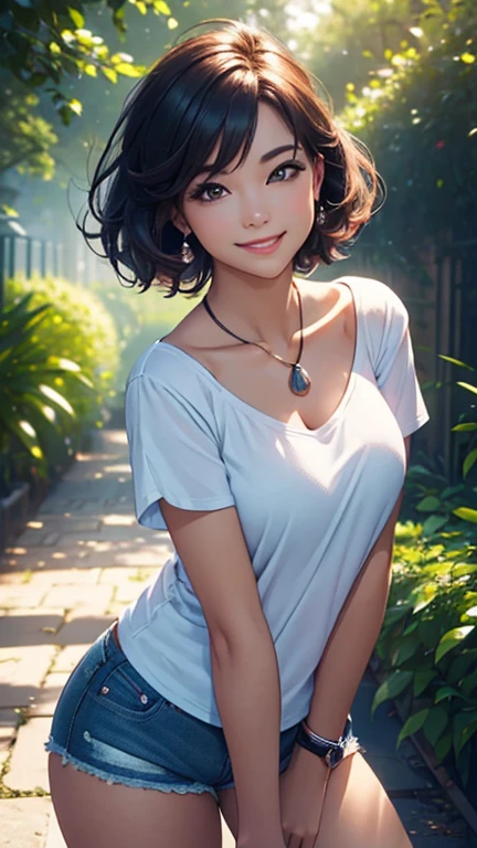 (Best quality,ultra detailed,photorealistic:1.37),bright and rich colors,studio lighting,playful and smiling expression of a beautiful face,stylish makeup, short denim shorts,hair fluttering in the wind,alluring smiling eyes, (((short T-shirt with a deep neckline))), glossy lips,sexy free pose, I smile confidently and seductively,posing for a professional photo shoot,shallow depth of field,highlighting the main subject,soft natural lighting,Creating a dreamy and magical atmosphere.